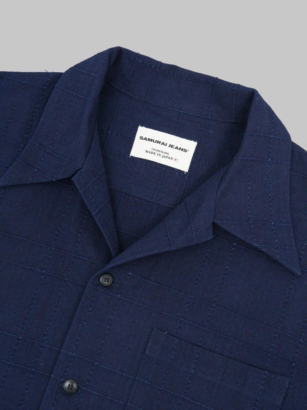 Samurai Jeans SOS26-ARS Indigo Sashiko Lattice Open Collar Shirt