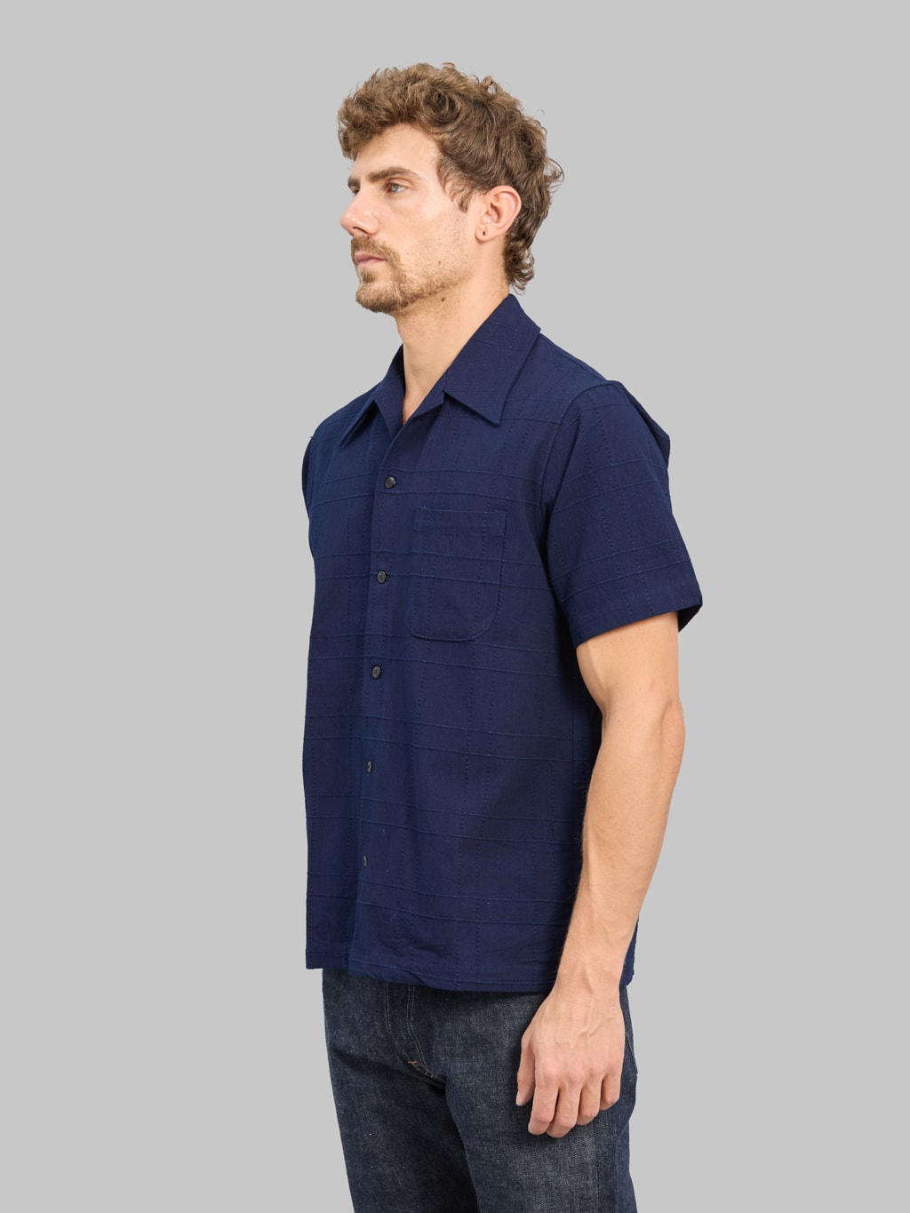 Samurai Jeans SOS26-ARS Indigo Sashiko Lattice Open Collar Shirt