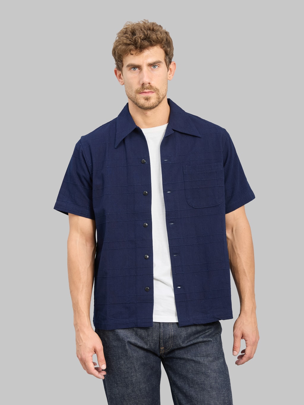 Samurai Jeans SOS26-ARS Indigo Sashiko Lattice Open Collar Shirt