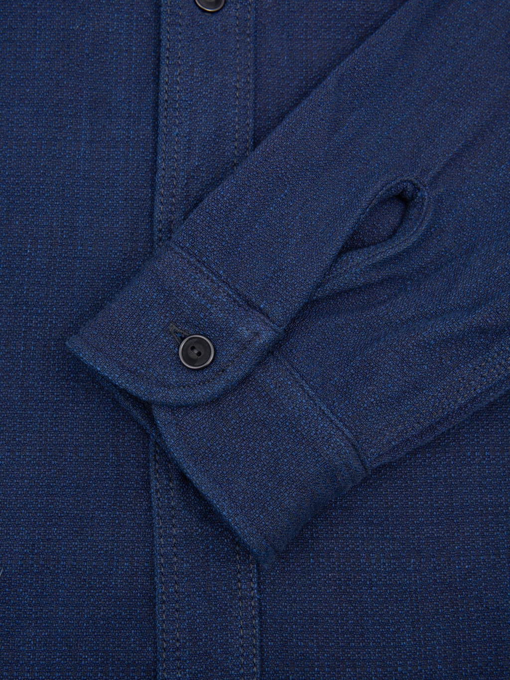 samurai jeans indigo spotted work shirt  cuff closeup