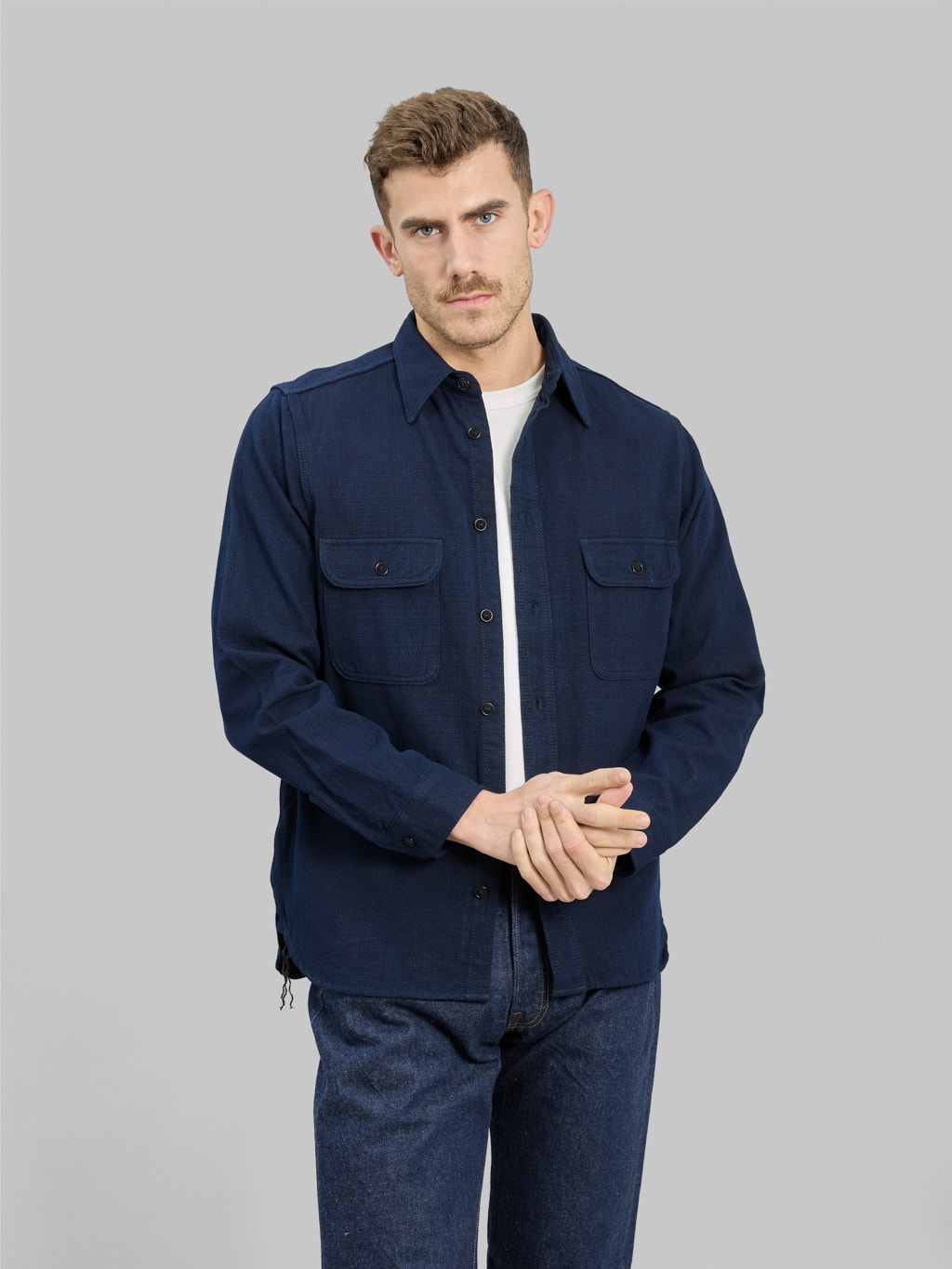 samurai jeans indigo spotted work shirt styled