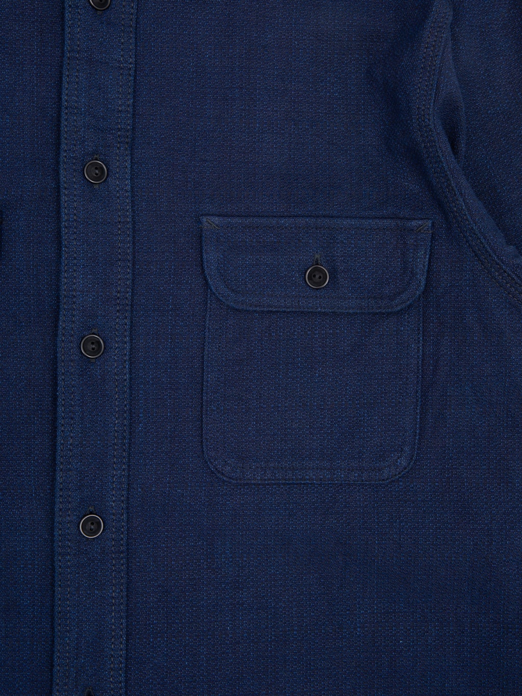 samurai jeans indigo spotted work shirt  closeup