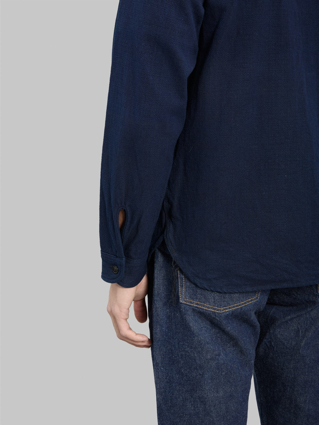 samurai jeans indigo spotted work shirt  cuff details