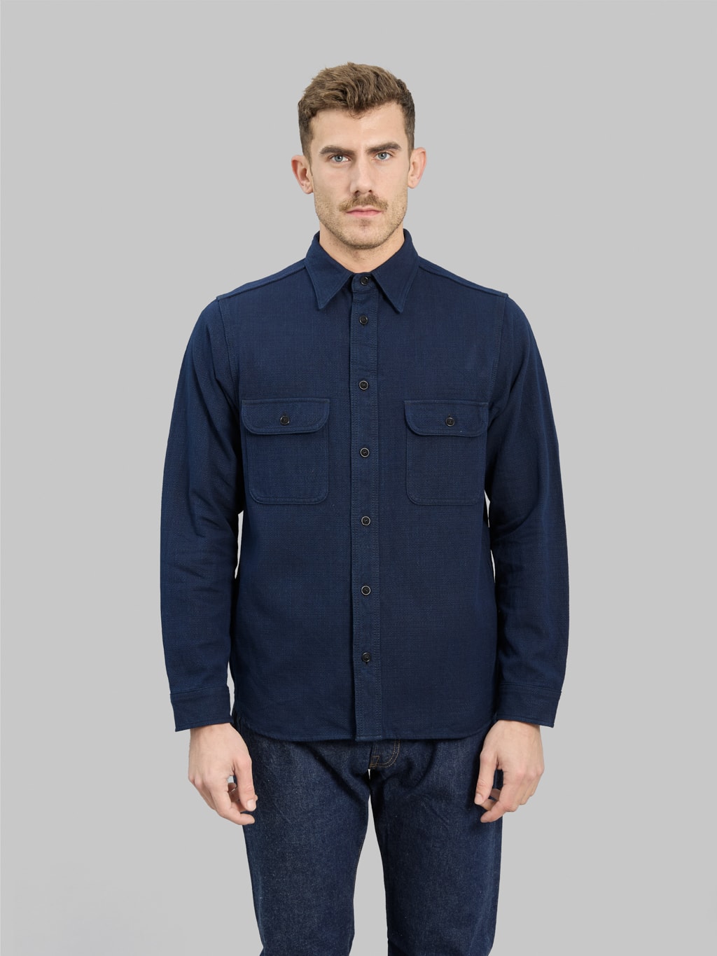 samurai jeans indigo spotted work shirt  buttoned