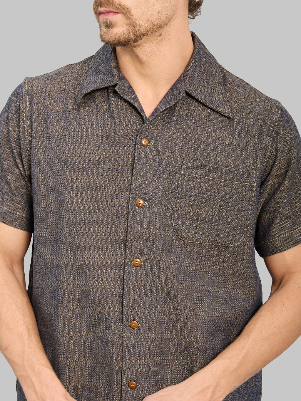 Samurai Jeans SOS26-KSK "Kanoko Aimadara" Open Collar Shirt Indigo Brown