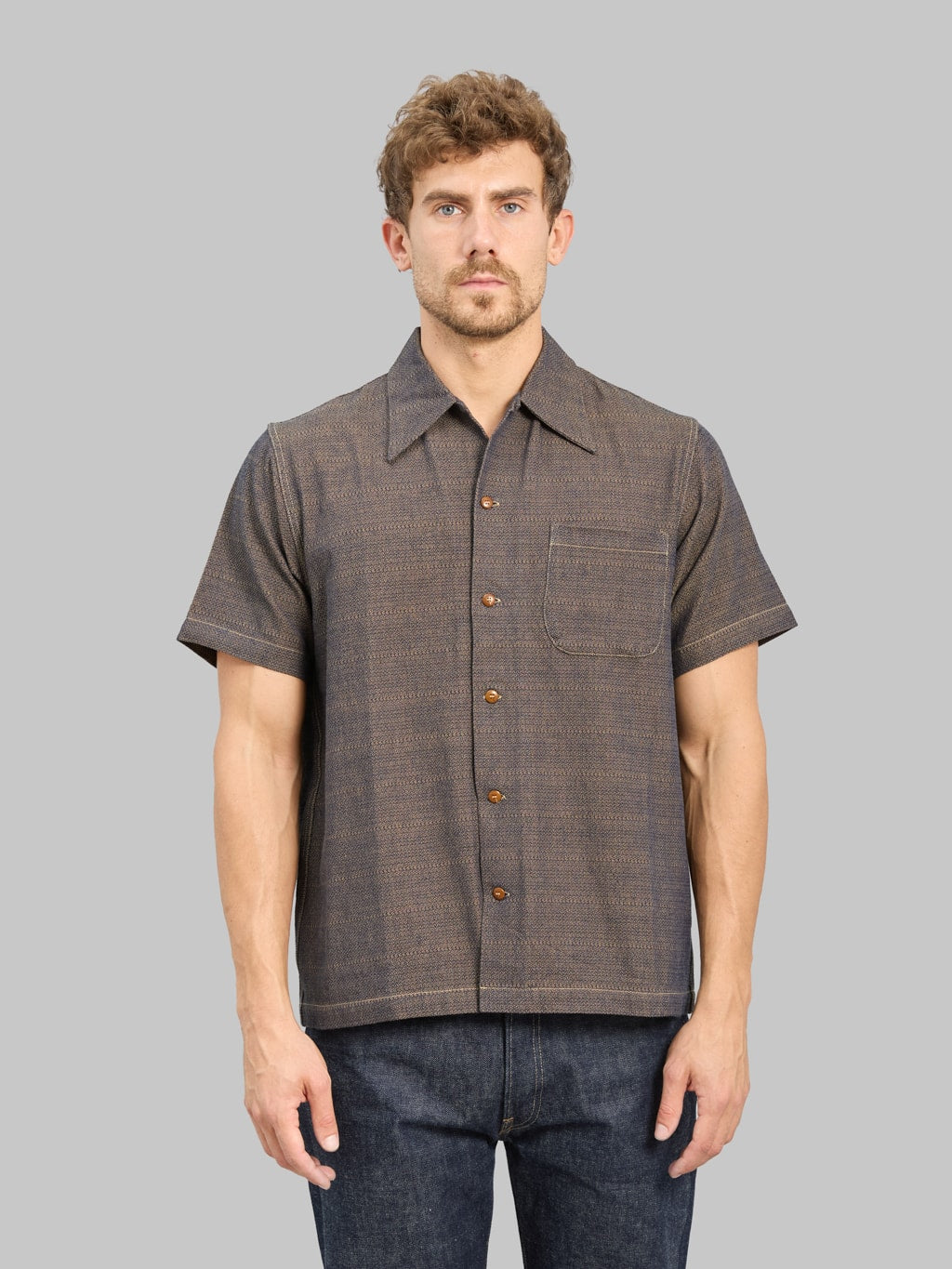 Samurai Jeans SOS26-KSK "Kanoko Aimadara" Open Collar Shirt Indigo Brown