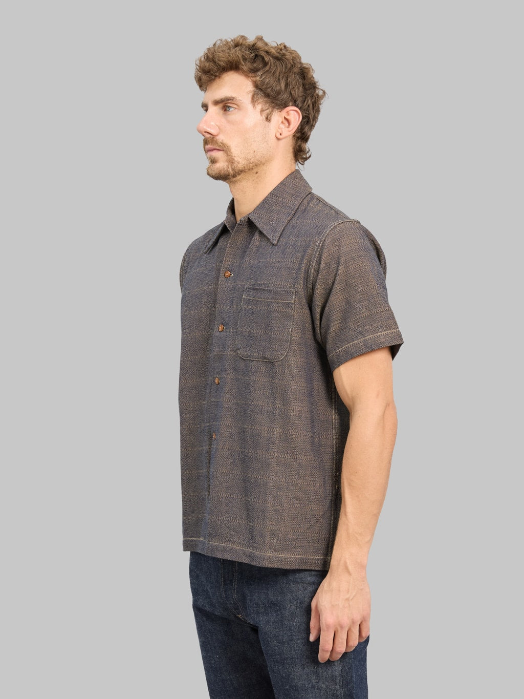 Samurai Jeans SOS26-KSK "Kanoko Aimadara" Open Collar Shirt Indigo Brown