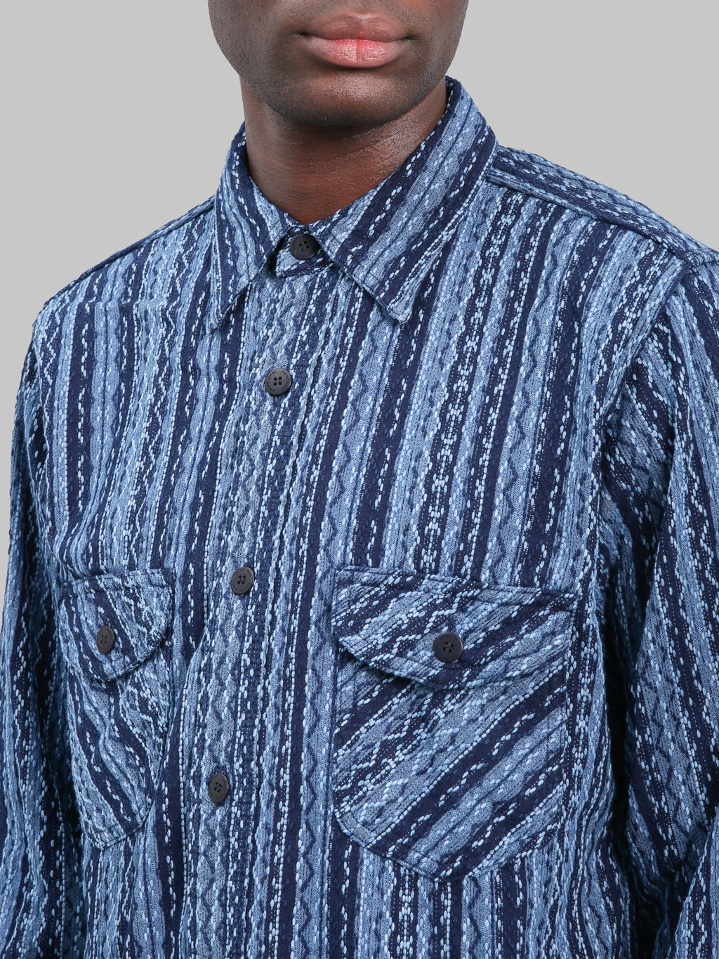 Samurai Jeans SSS25-SKSW Western Cut Natural Indigo Sahiko Stripe Shirt - Redcast Heritage Co.