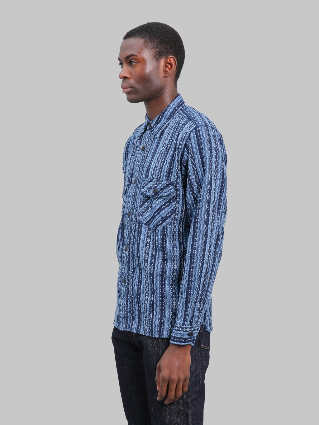 Samurai Jeans SSS25-SKSW Western Cut Natural Indigo Sahiko Stripe Shirt - Redcast Heritage Co.