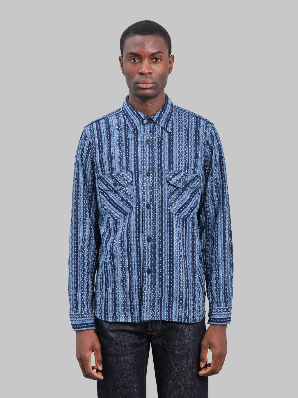 Samurai Jeans SSS25-SKSW Western Cut Natural Indigo Sahiko Stripe Shirt - Redcast Heritage Co.