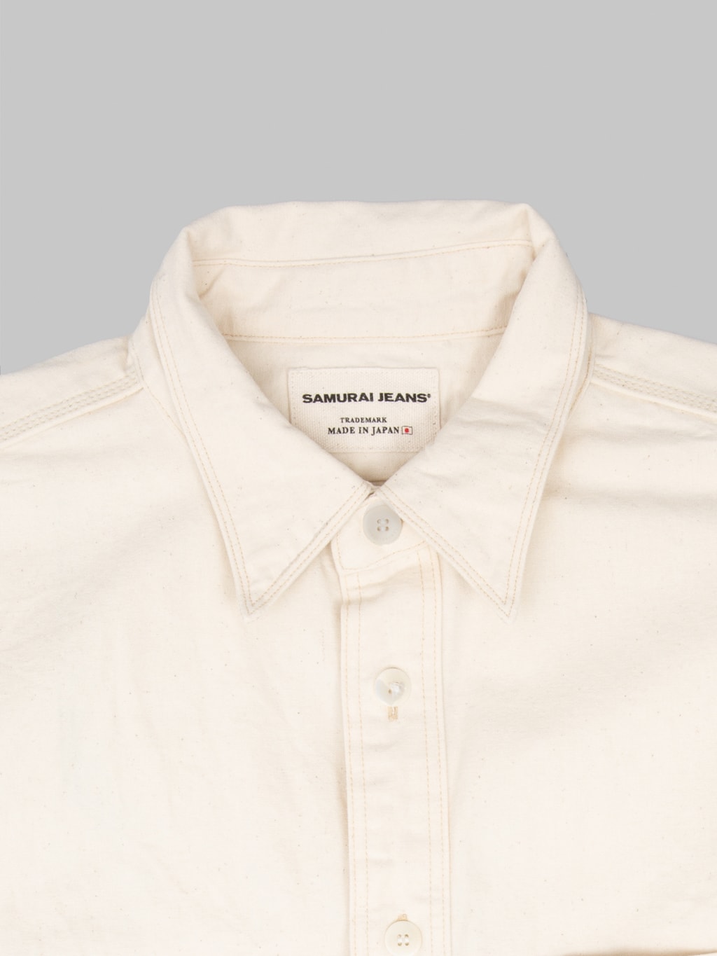 Samurai Jeans SJCBS25W Rain Selvedge Chambray Work Shirt Ecru collar tag