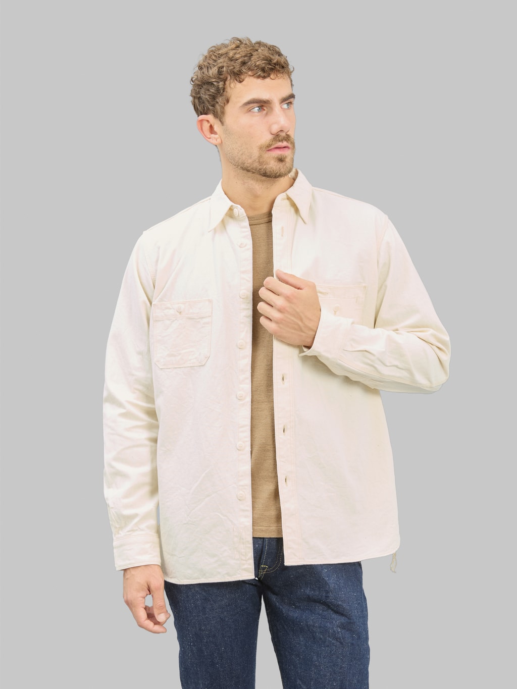 Samurai Jeans SJCBS25W Rain Selvedge Chambray Work Shirt Ecru styled