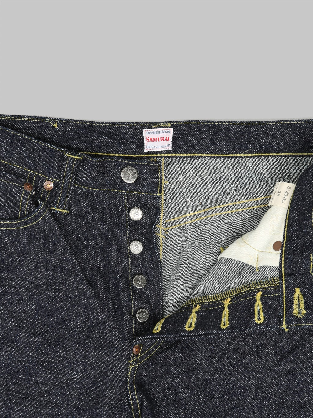 samurai jeans s140vxj jin left hand twill selvedge jeans buttons