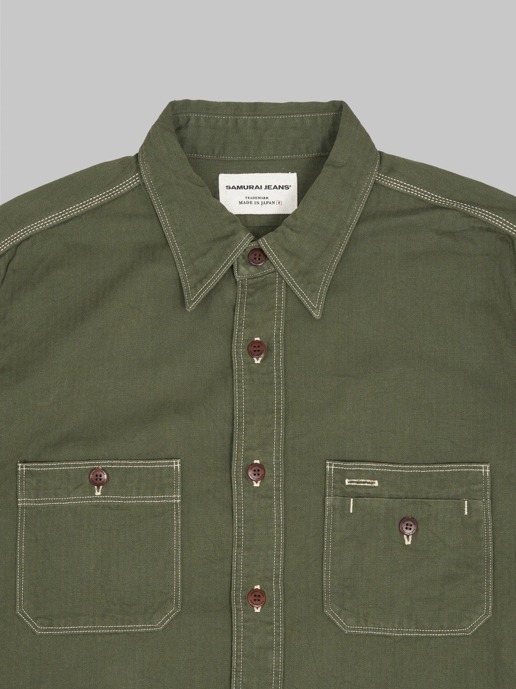 samurai jeans selevdge herringbone shirt olive chest pockets