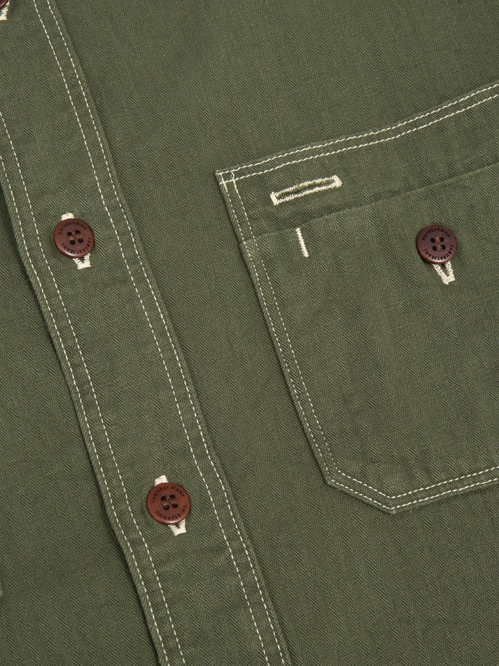 samurai jeans selevdge herringbone shirt olive closeup