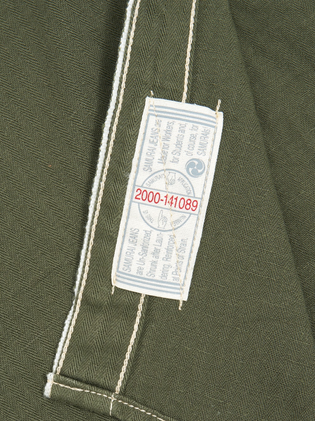 samurai jeans selevdge herringbone shirt olive interior tag