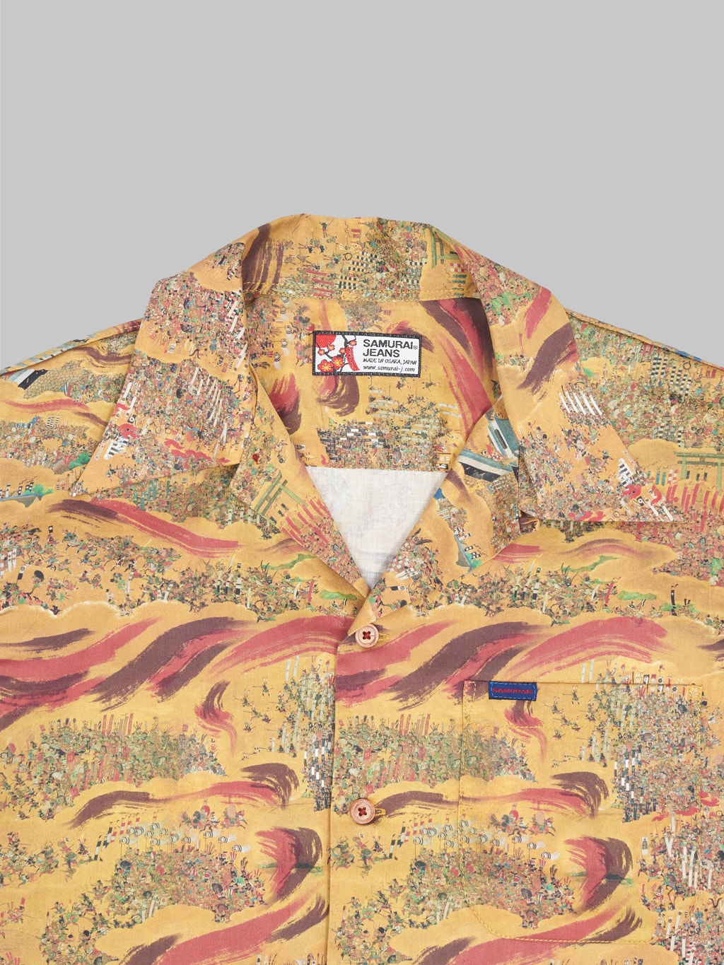 samurai jeans siege of osaka hawaiian shirt collar closeup
