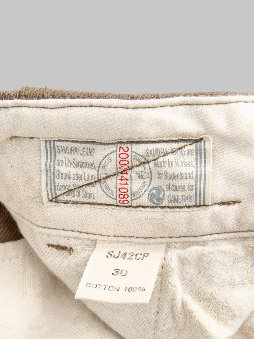 Samurai Jeans SJ42CP 15oz Heavy Chino Slim Straight interior tag