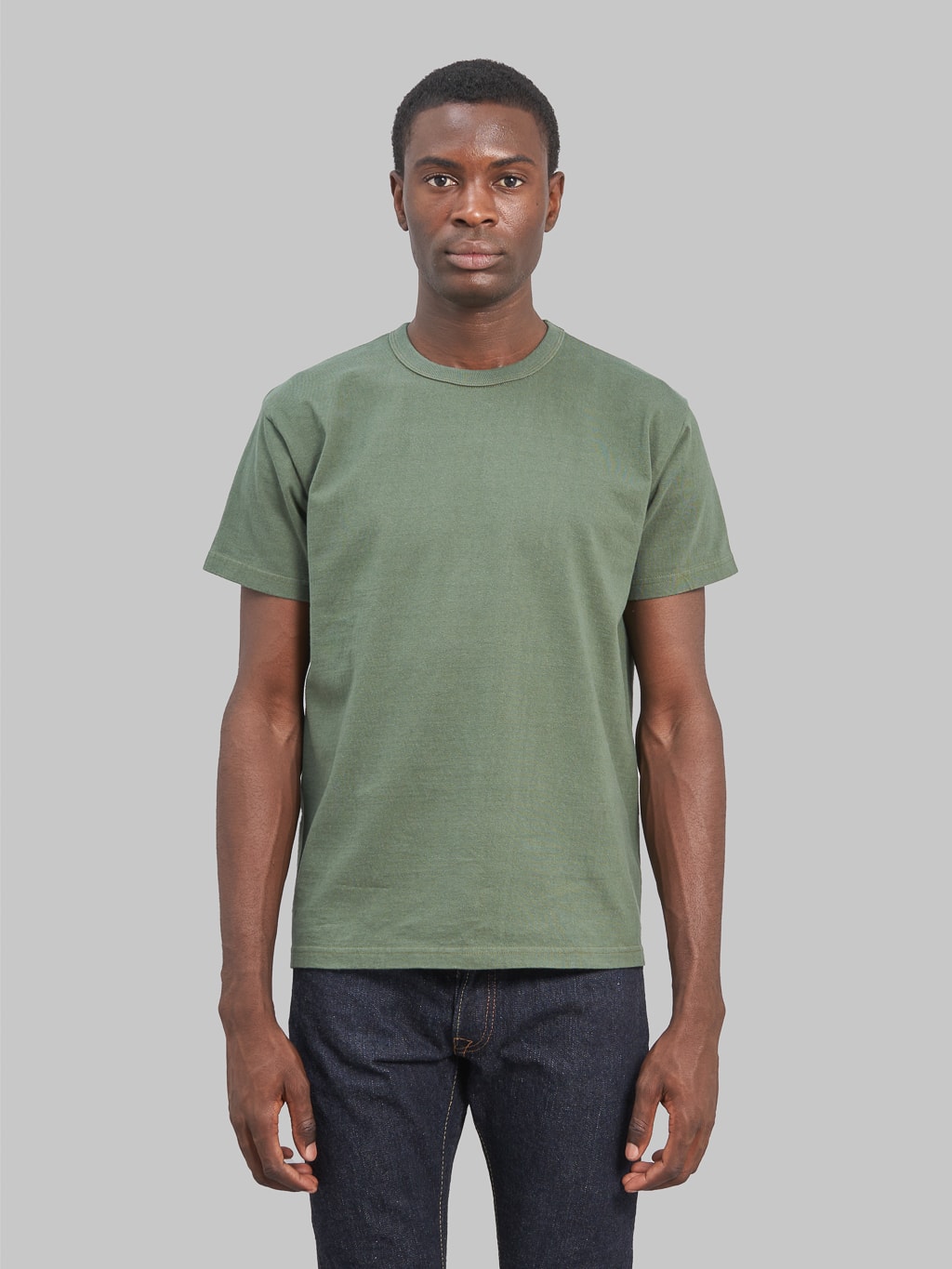samurai jeans solid plain heavyweight tshirt moss green loopwheeled  model front fit