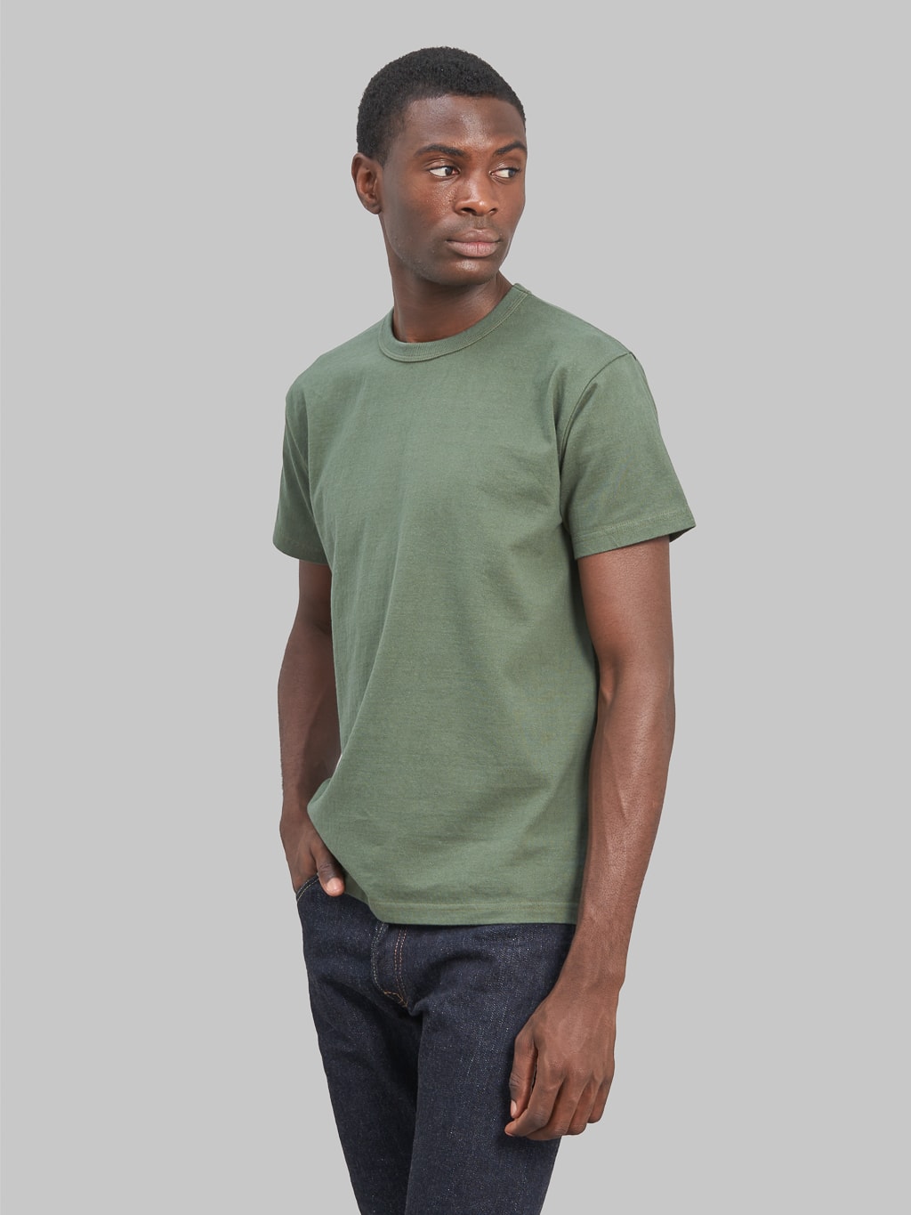 samurai jeans solid plain heavyweight tshirt moss green loopwheeled look