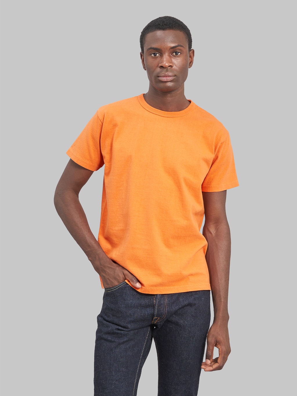 Samurai jeans solid plain heavyweight tshirt orange model front fit