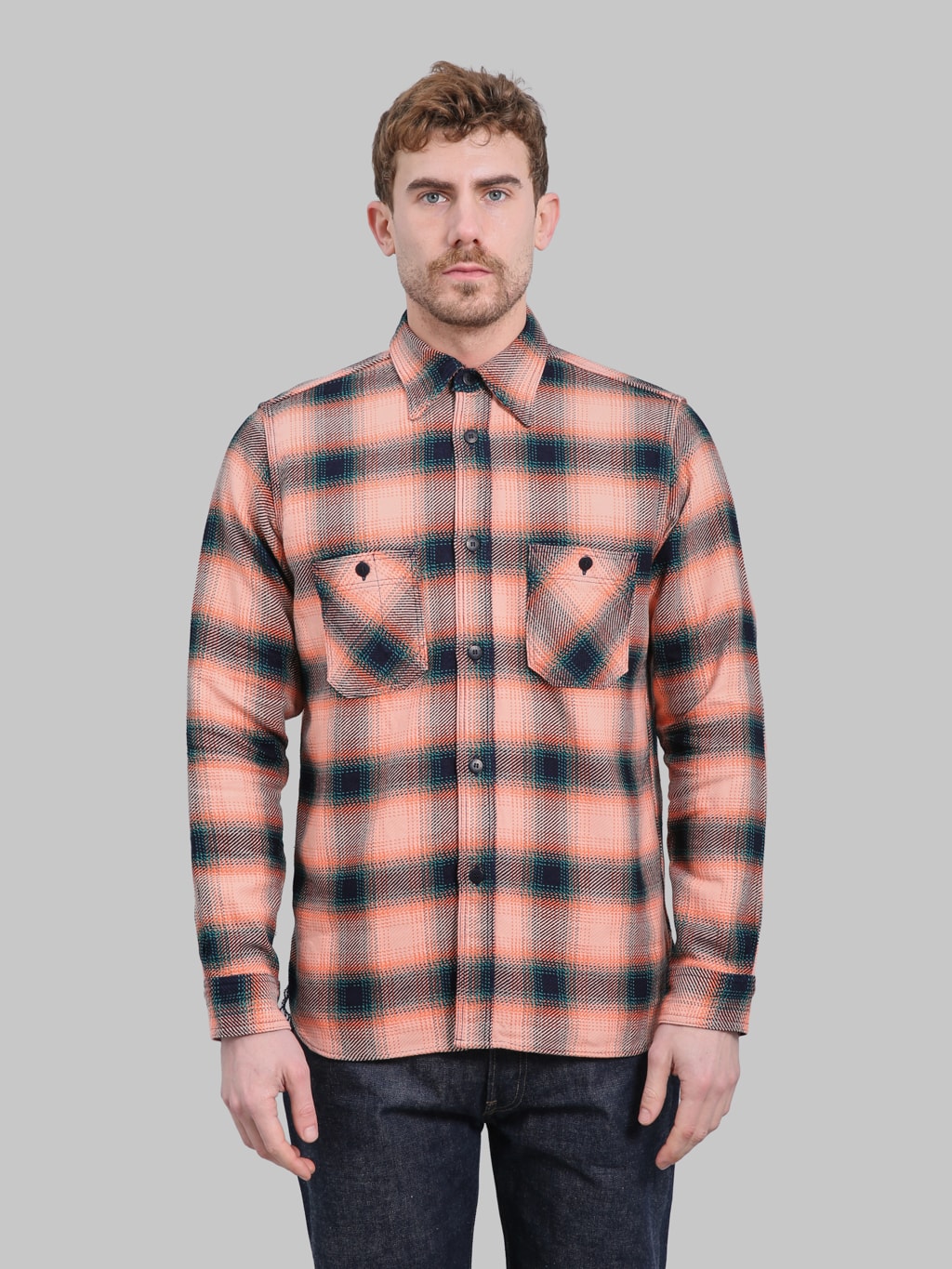 Samurai Jeans SIN25-01W Western Cut Rope Dyed Indigo Flannel Shirt Pink