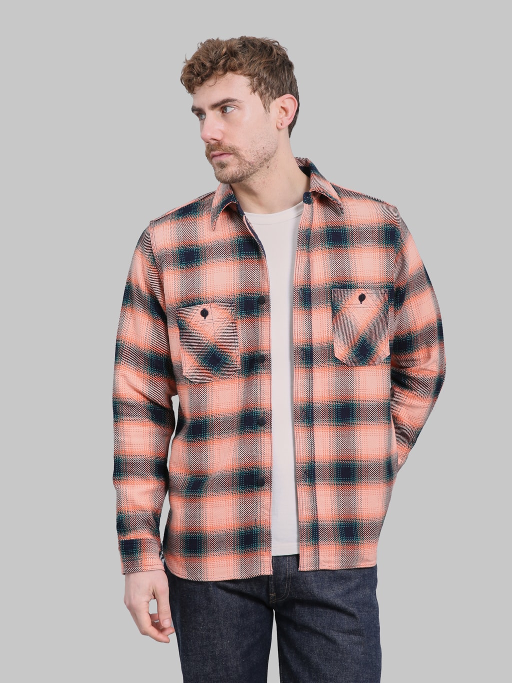 Samurai Jeans SIN25-01W Western Cut Rope Dyed Indigo Flannel Shirt Pink