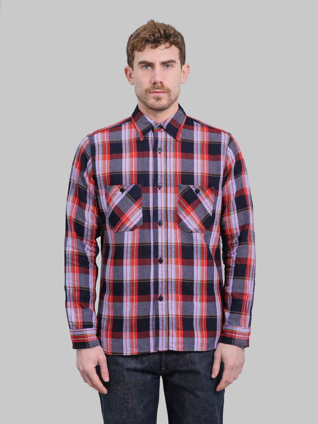 Samurai Jeans SIN25-01W Western Cut Rope Dyed Indigo Flannel Shirt Purple