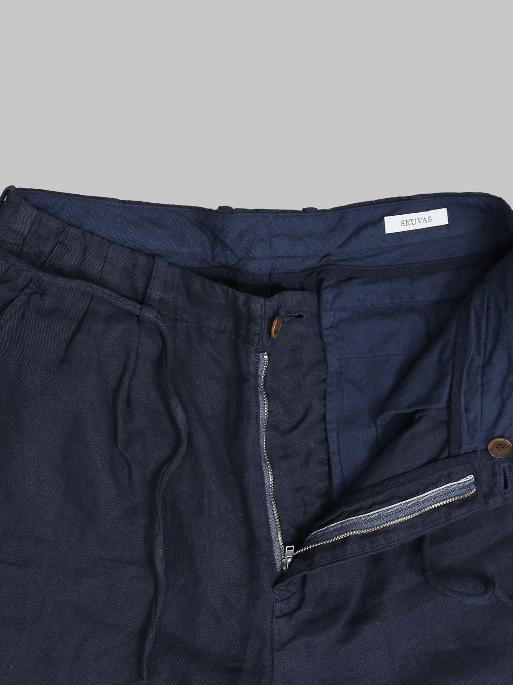 Seuvas Linen Tapered 2 Tuck Pants Navy zip