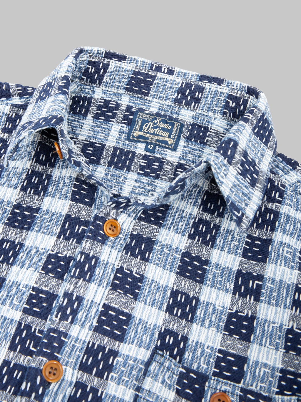 Studio D'Artisan 5737 Indigo Plaid Noragi Boro Sashiko Work Shirt