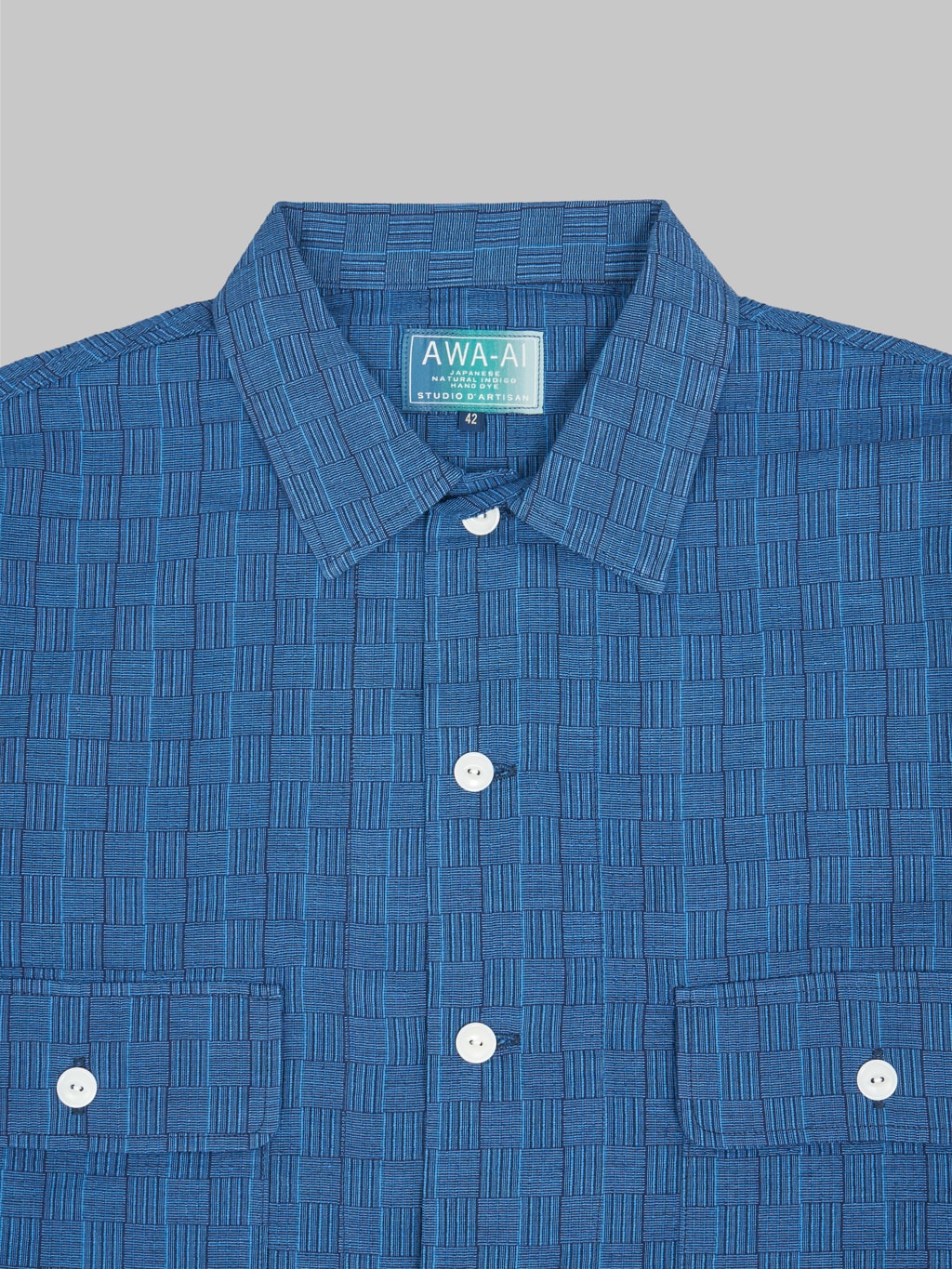 studio dartisan awa ai natural indigo plaid shirt front details