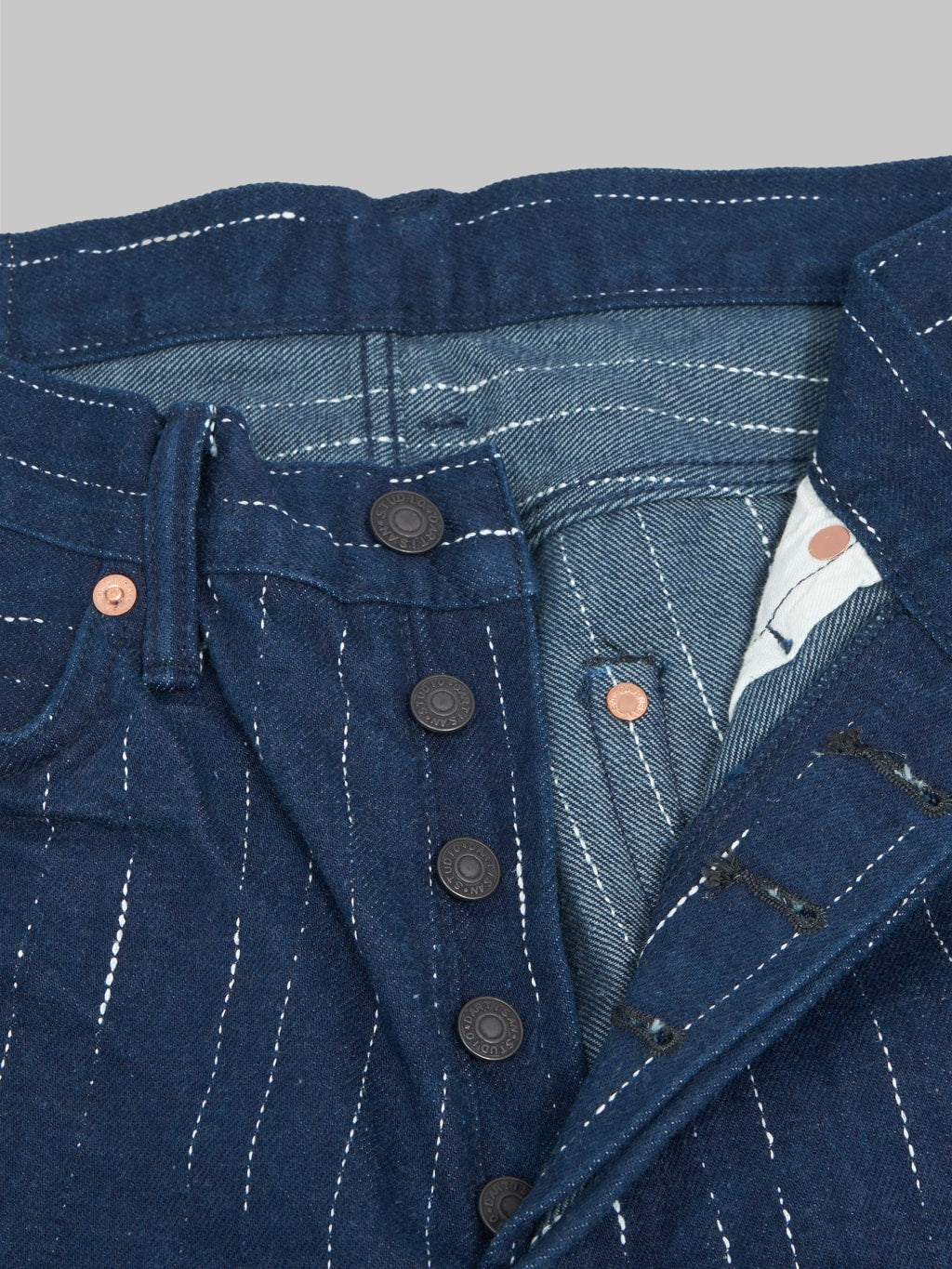 studio dartisan d1885 14oz rain kasuri tapered selvedge copper buttons