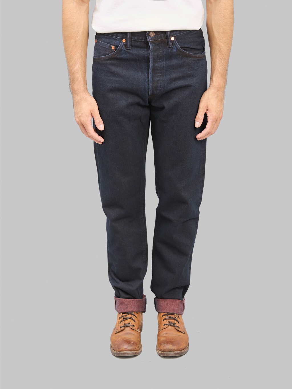 Studio DArtisan D1908 14oz Bengara Relax Tapered Jeans front fit