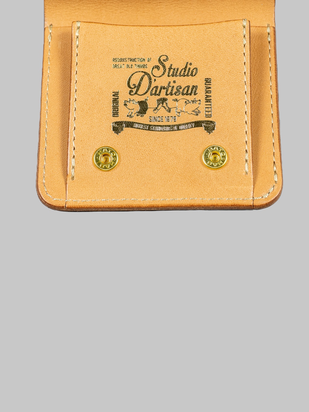Studio Dartisan natural leather mini wallet hand stamped brand logo