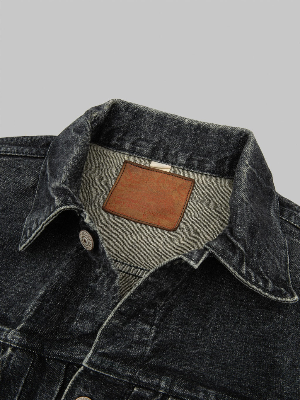 sugar cane 1953 type 2 black denim jacket aged model leather patch