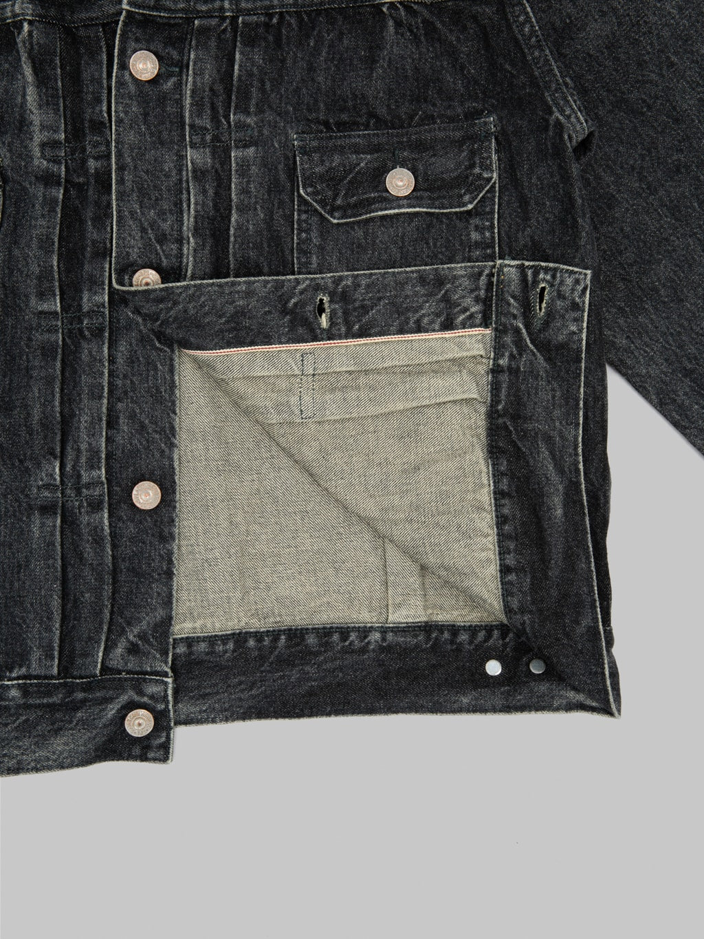 sugar cane 1953 type 2 black denim jacket aged model interior