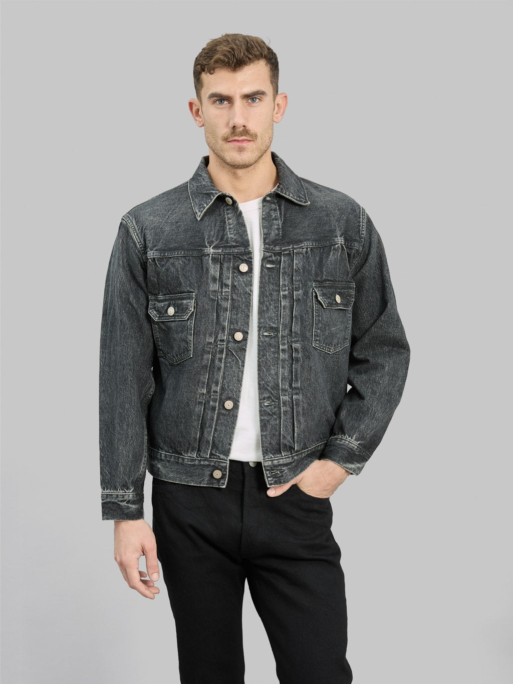 sugar cane 1953 type 2 black denim jacket aged model front look