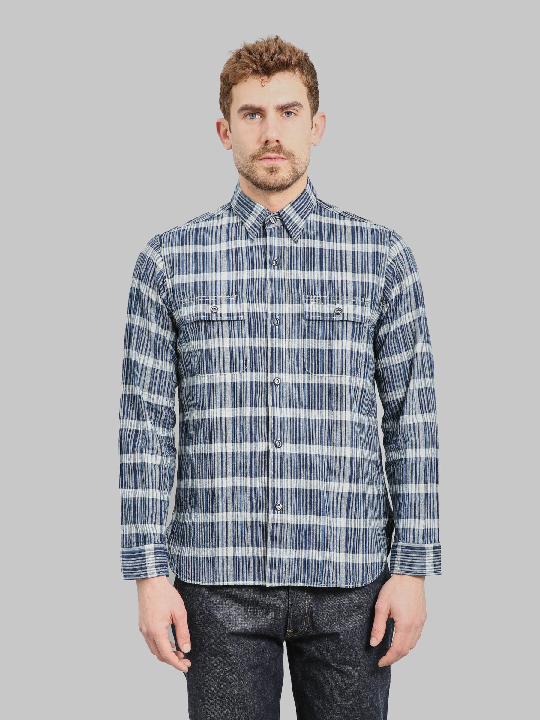 Sugar Cane Fiction Romance 5oz Indigo Check Work Shirt