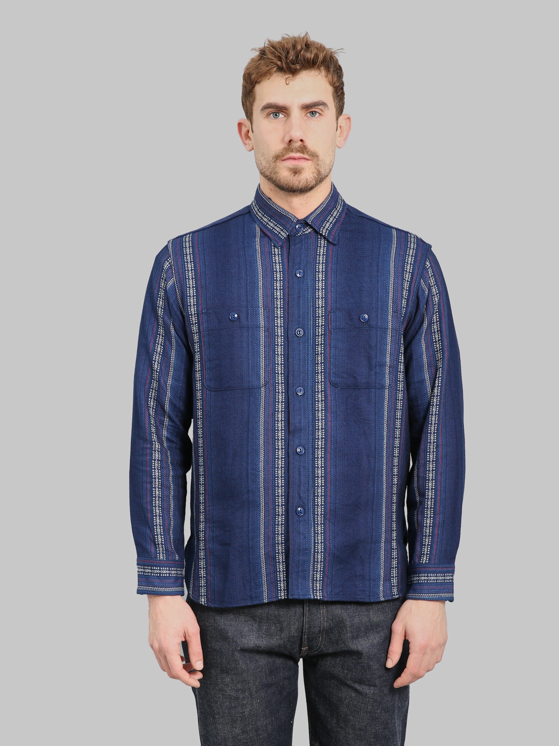 Sugar Cane Indigo Dobby Work Shirt | Native Pattern | Japan SC29579