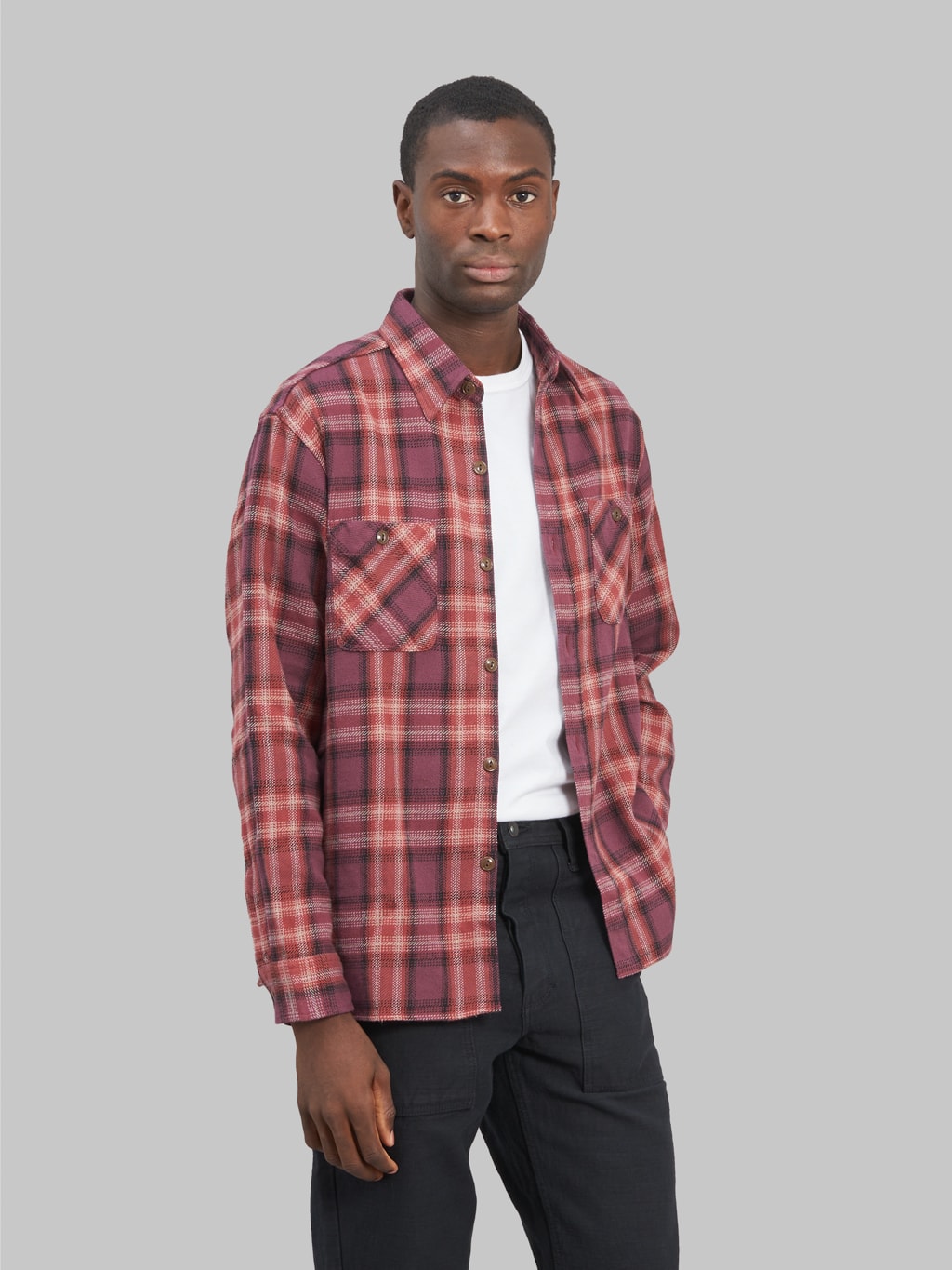 sugar cane twill check flannel shirt red open styled