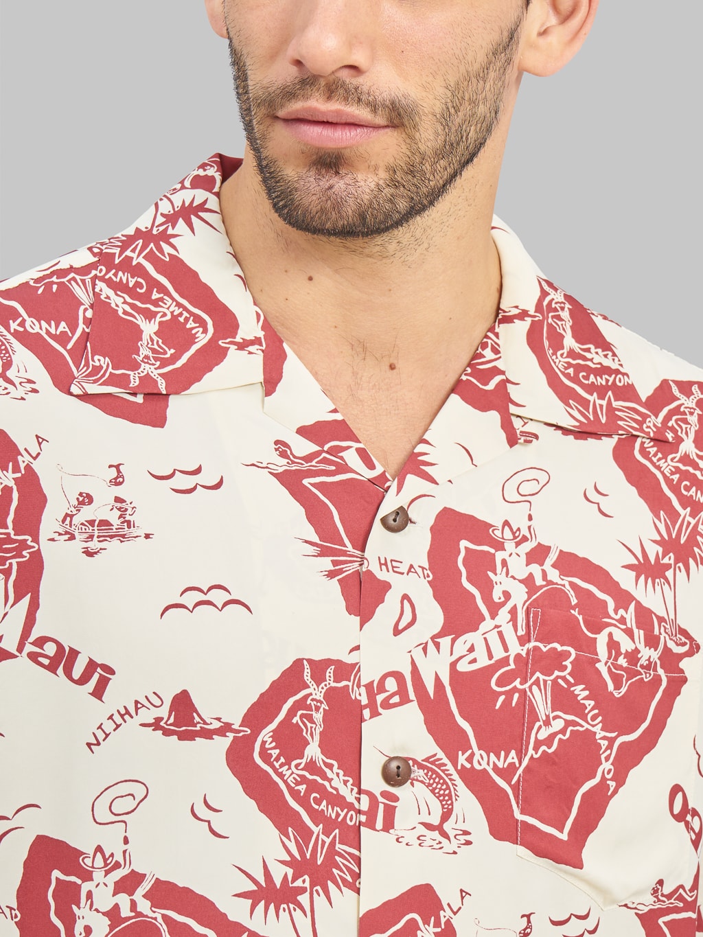 sun surf hawaiian shirt showing hawaiian island  collar closeup