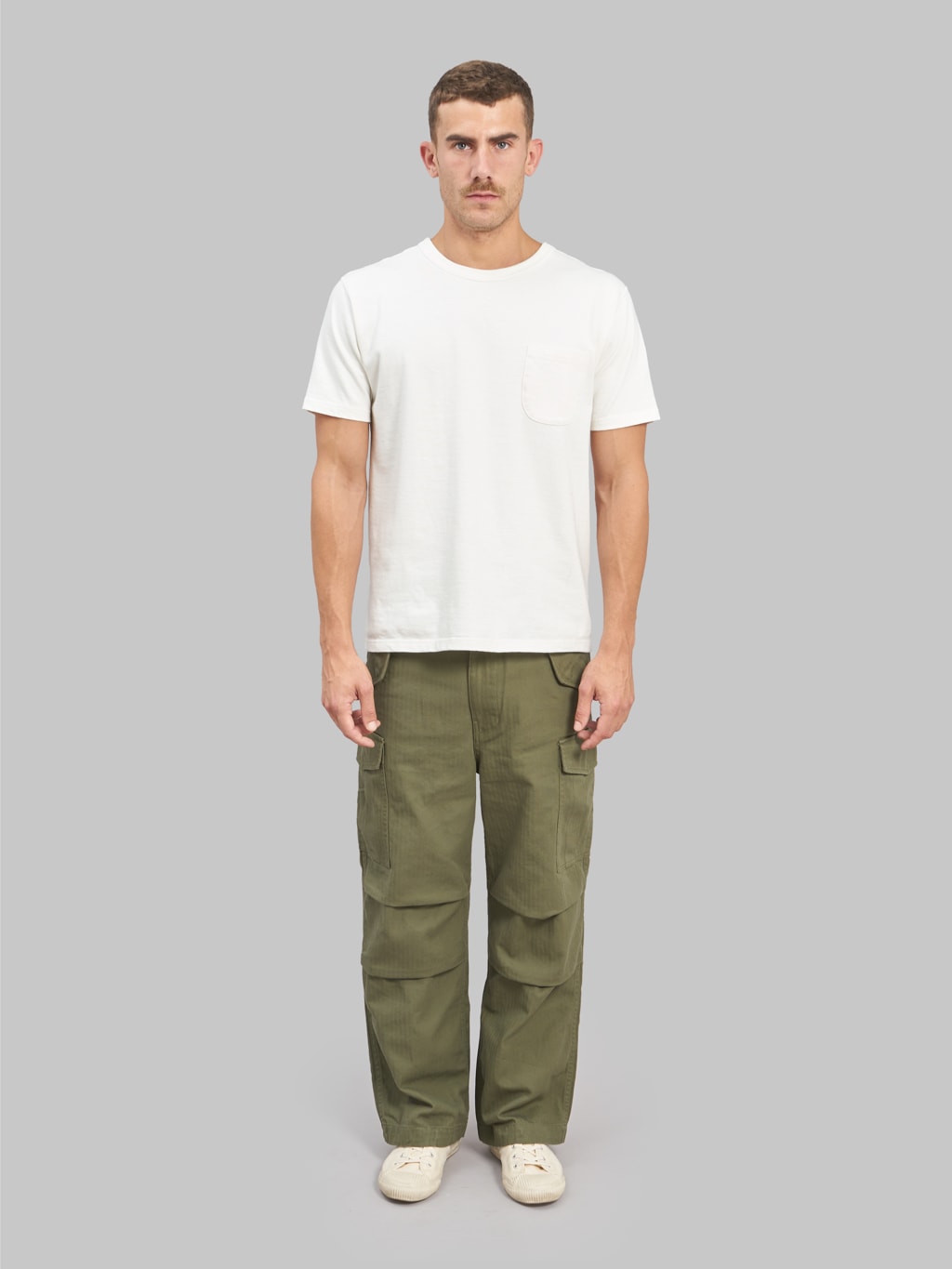 tanuki herringbone m65 pants green front fit