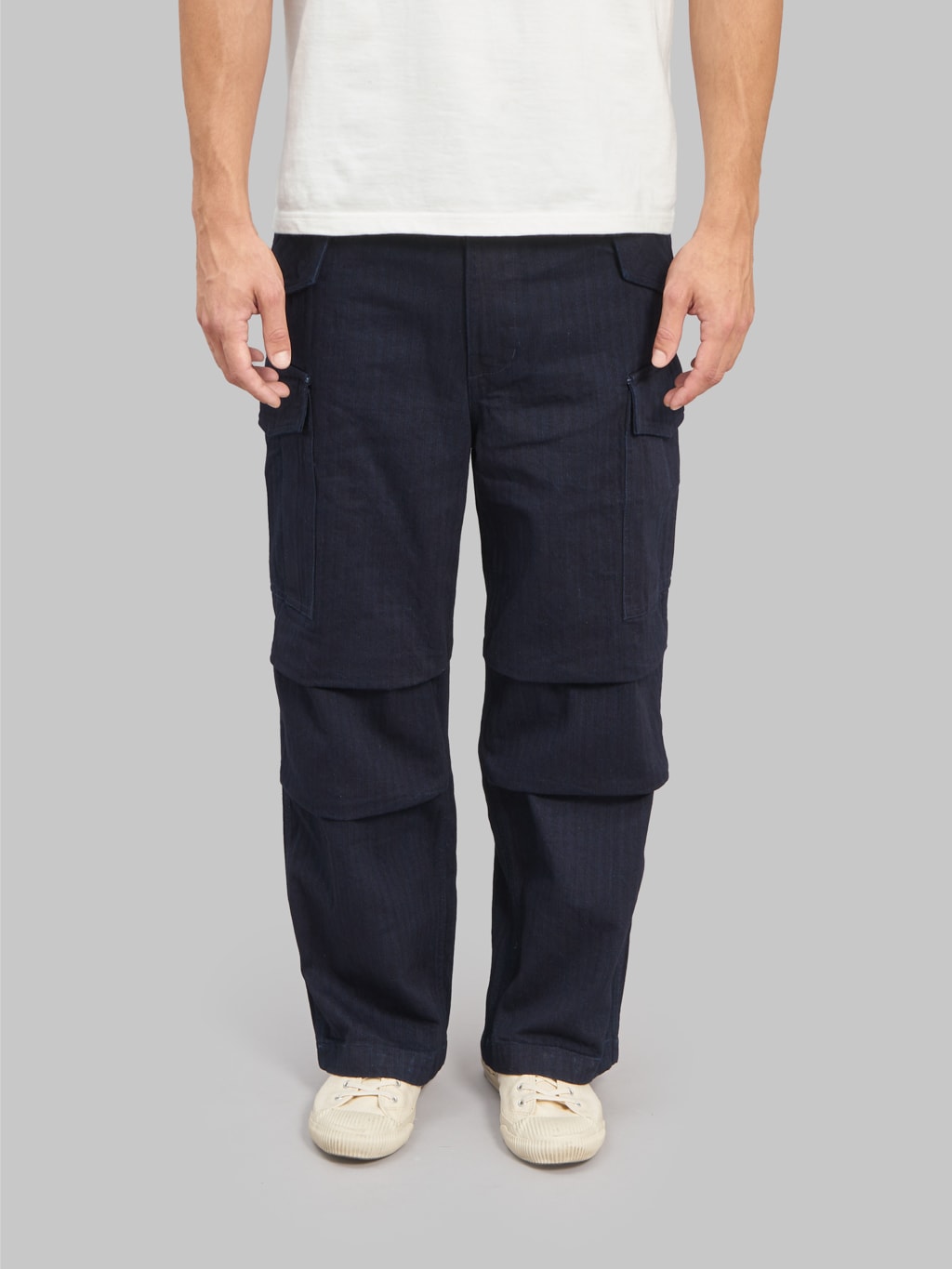 tanuki herringbone m65 pants indigo front