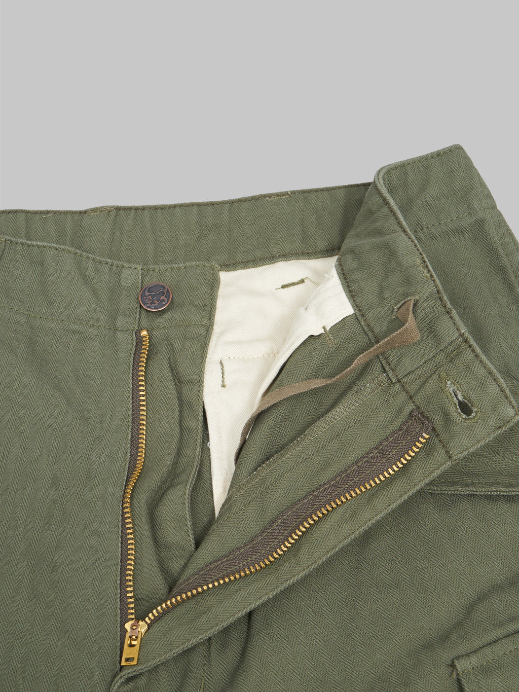 tanuki herringbone m65 pants green zip