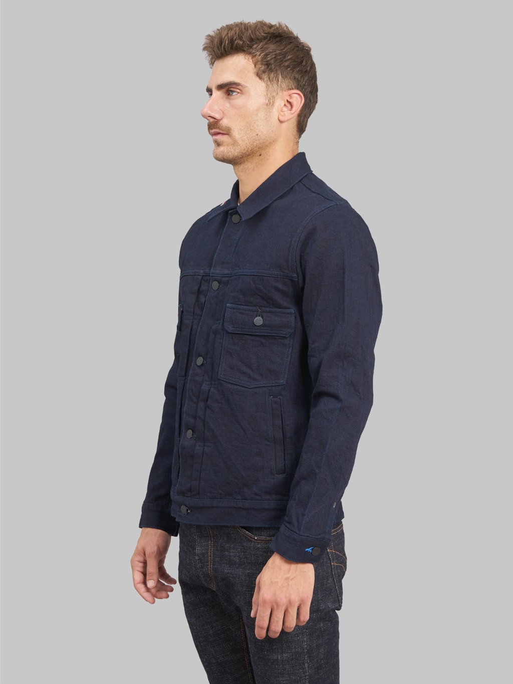 tanuki indigo x indigo 15oz type 2 selvedge denim jacket side fit