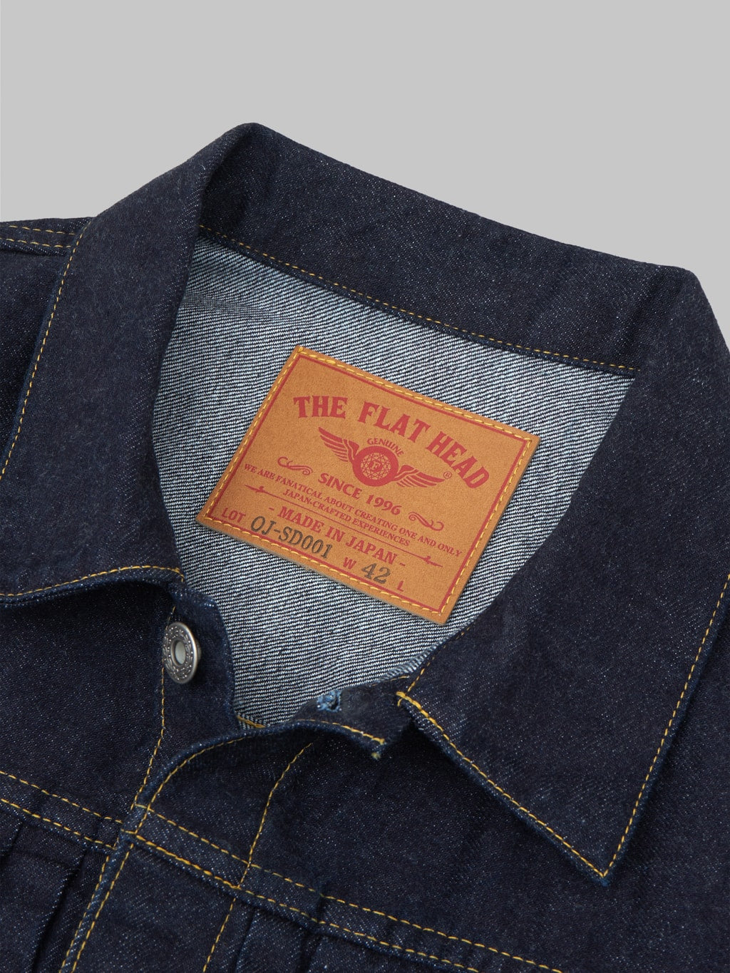 the flat head 12oz 40s selvedge denim jacket leather patch