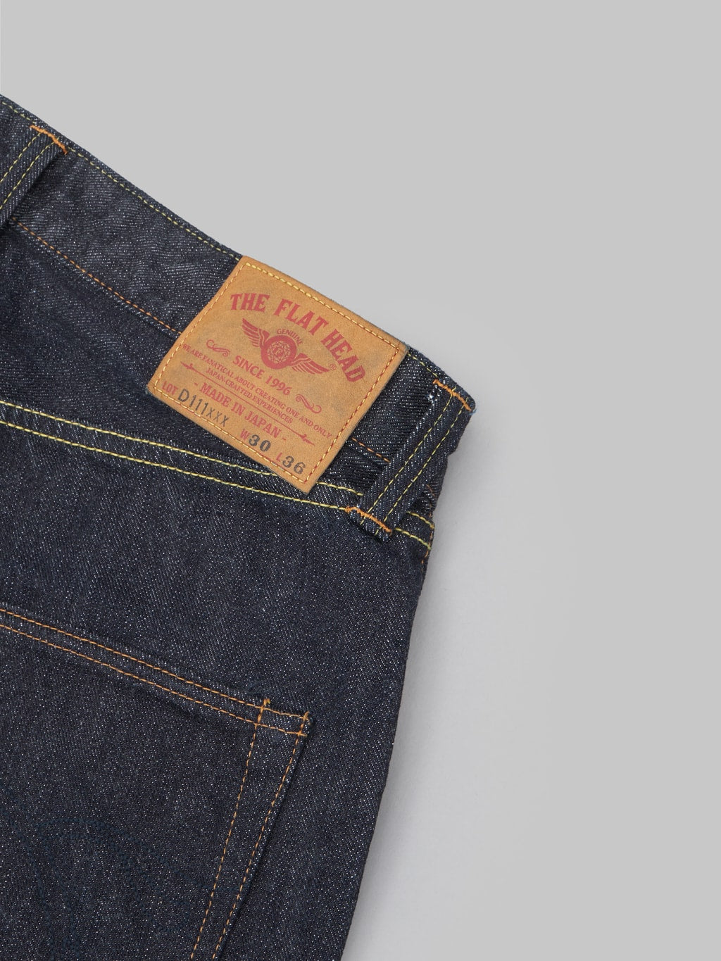 the flat head fn d111 wide straight selvedge denim jeans leather patch