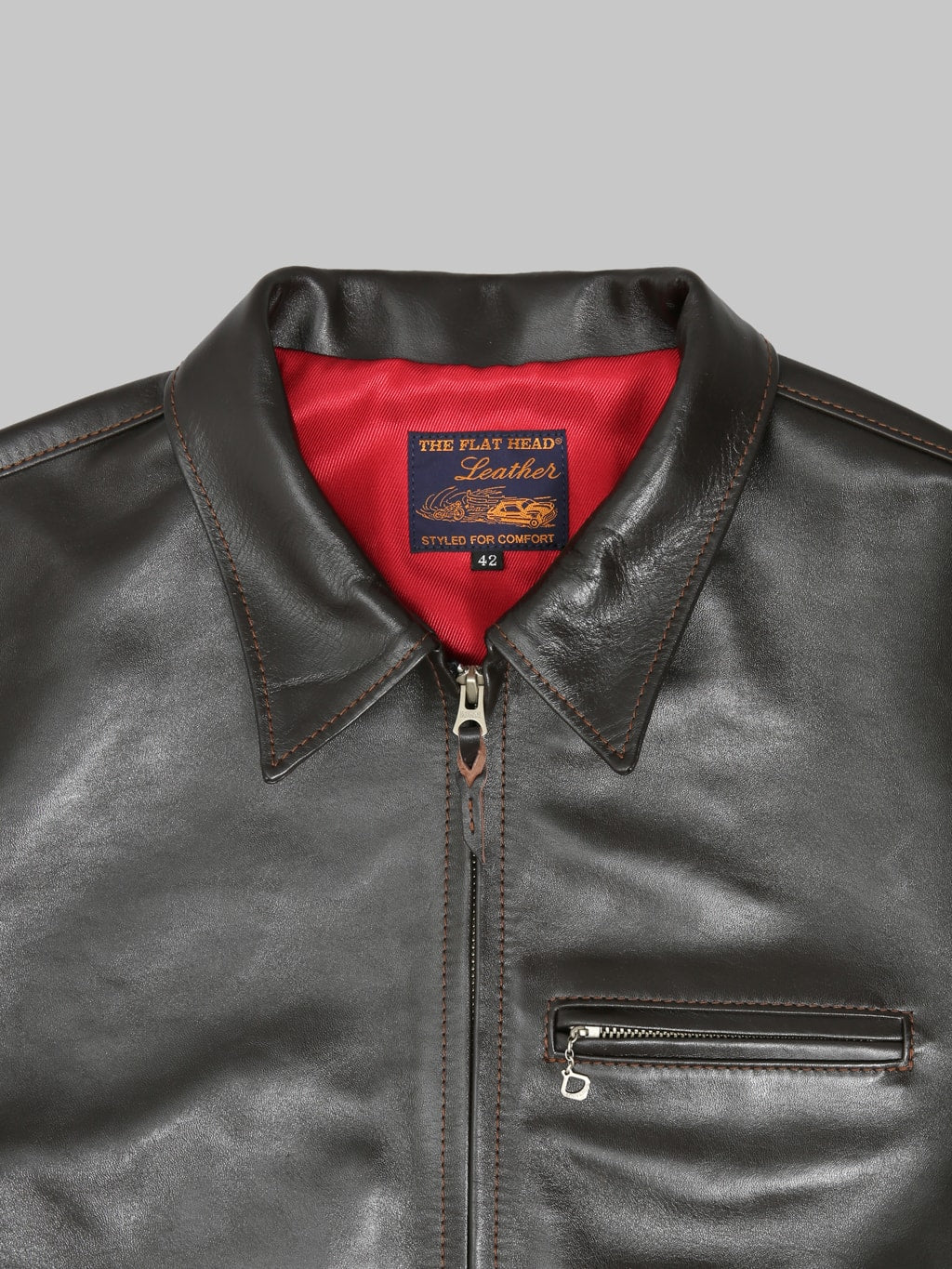 Flat Head FN-LJ-HS005 Horsehide Rider's Jacket Seal Brown collar