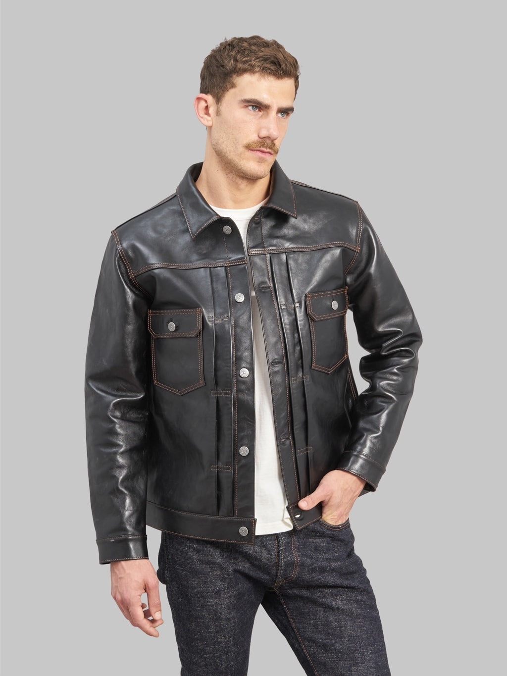 the flat head horsehide 50s type 2 leather jacket black style