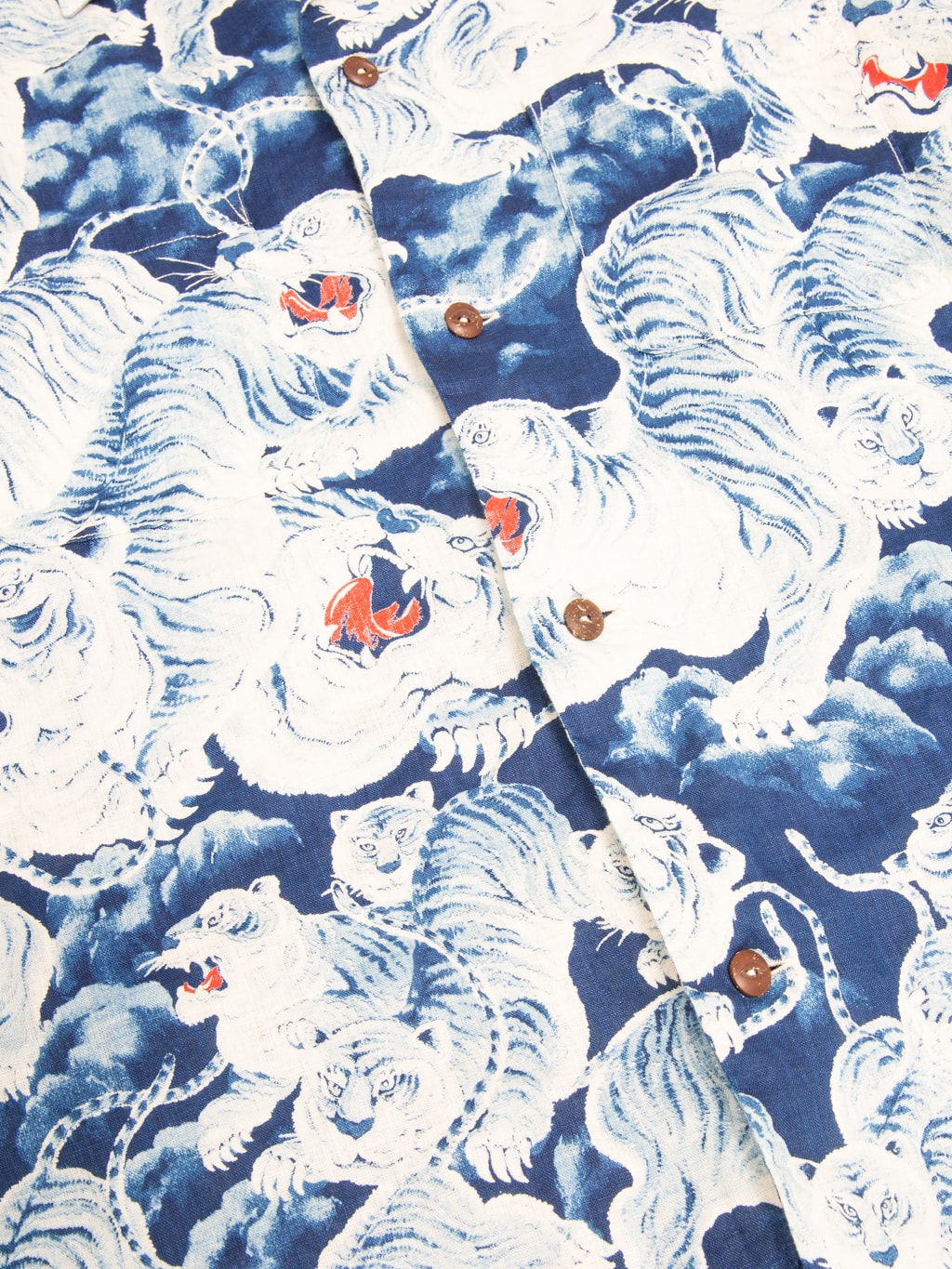 The Flat Head Hyaku Tora Hundred Tigers Linen Shirt Blue closeup